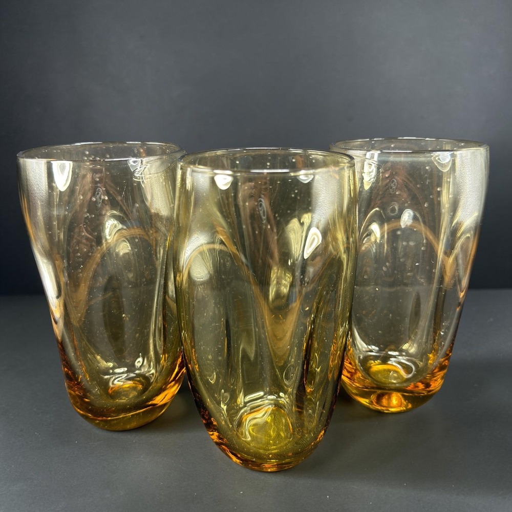 Russel Wright Pinch Amber Glass Tumblers 16oz Mid Century Modern Set of 3 6inch